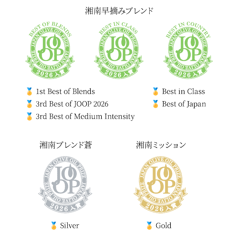 ジャパン・ オリーブオイル・プライズ 2026［Japan Olive Oil Prize 2026（JOOP 2026）］において、「湘南早摘みブレンド」が総合3位に入り、全体から3品しか選出されない「Best of JOOP」に選ばれました